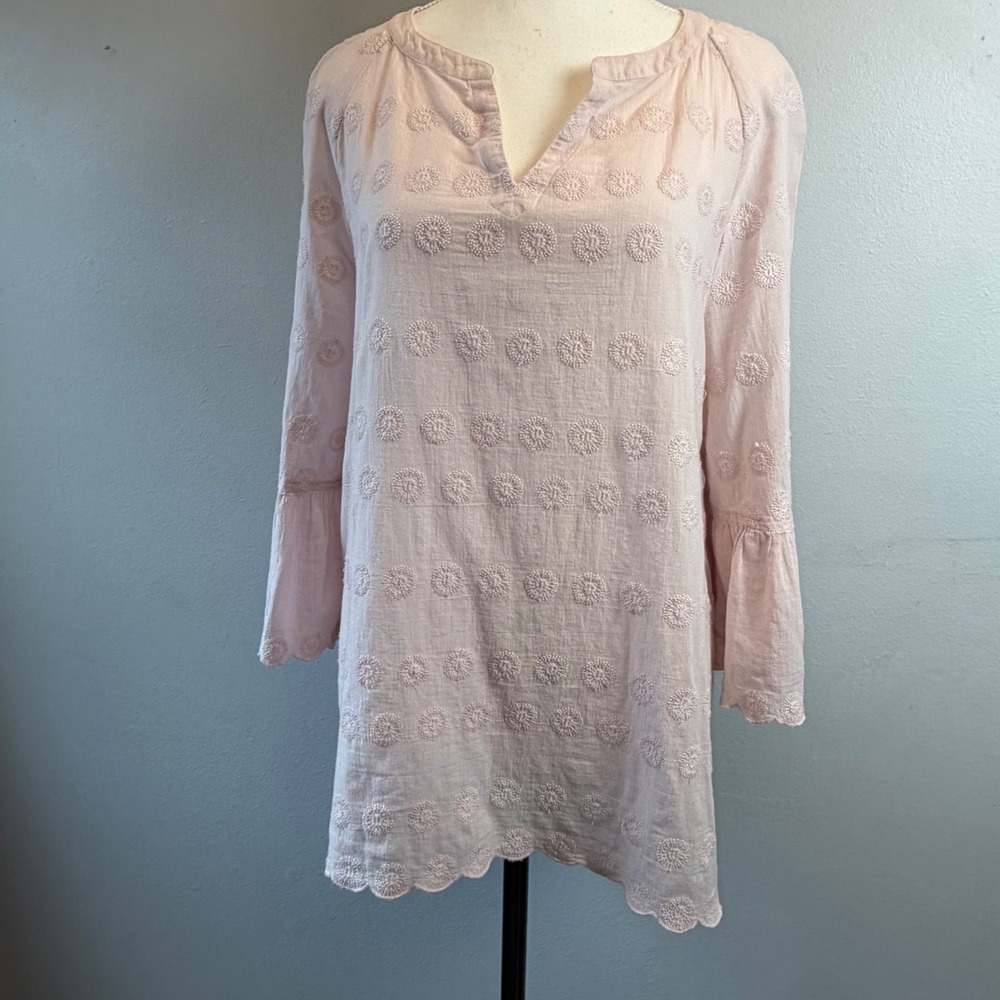 J. Jill Medium Pink Embroidered Cotton Tunic Top Bell Sleeve Scallop Hem Boho